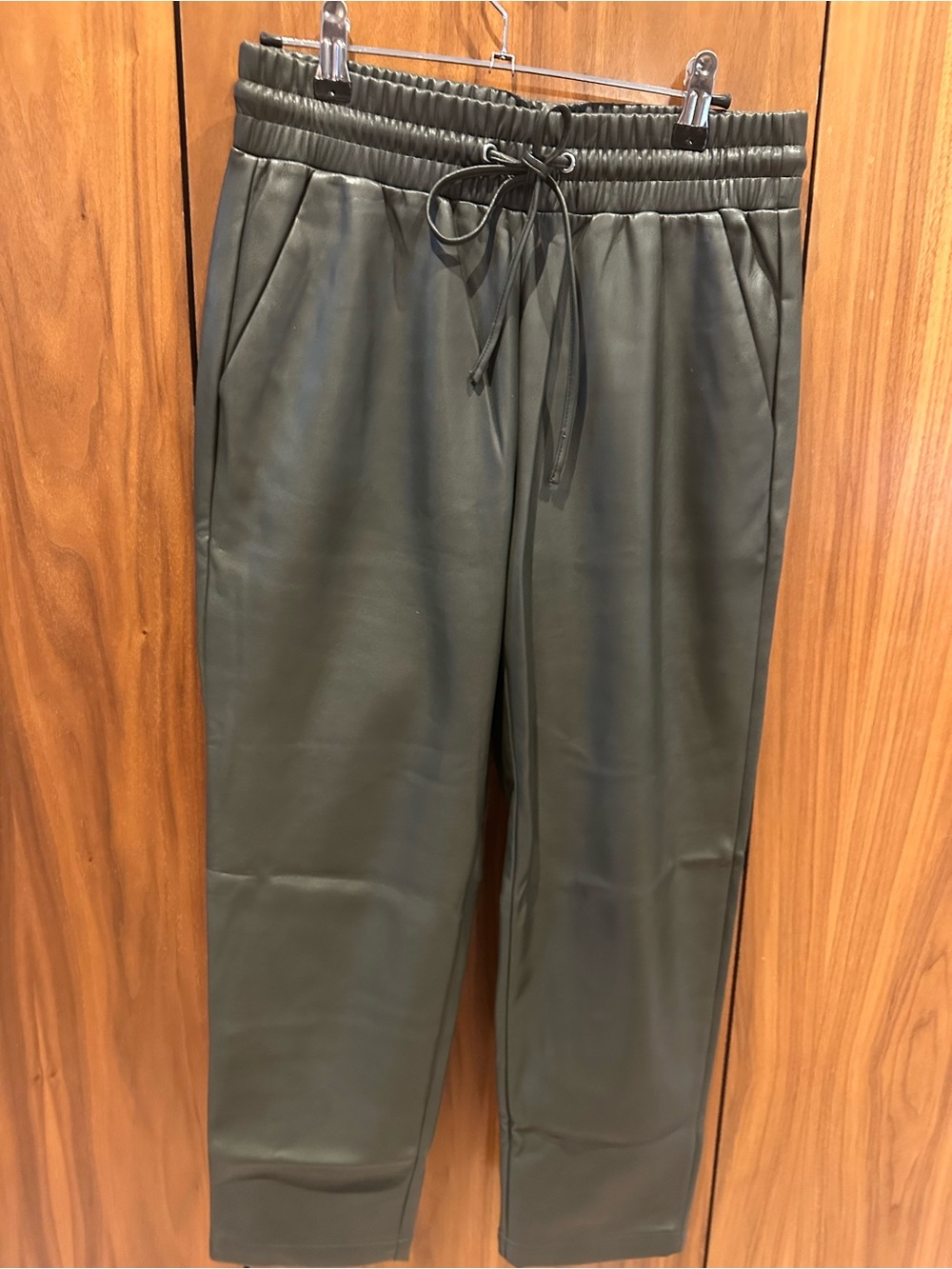 LOFT Faux Leather Jogger Pants Olive Green Petite Small Pull On Elastic Waist